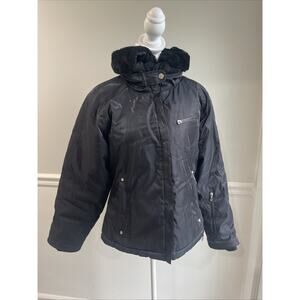 Nils Women Sz M Black Jacket Faux Fur Iridescent Lined Puffer Pearl Zip Mock Ski